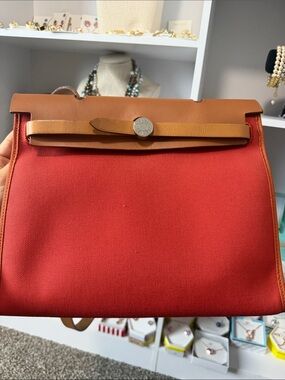 Hermes Red Canvas and Tan Leather Top-Handle Satchel